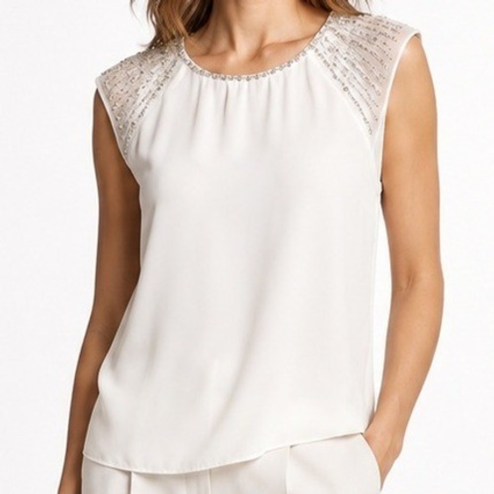 White‎ House Black Market Beaded Sequin Sleeveless Blouse White Size 6